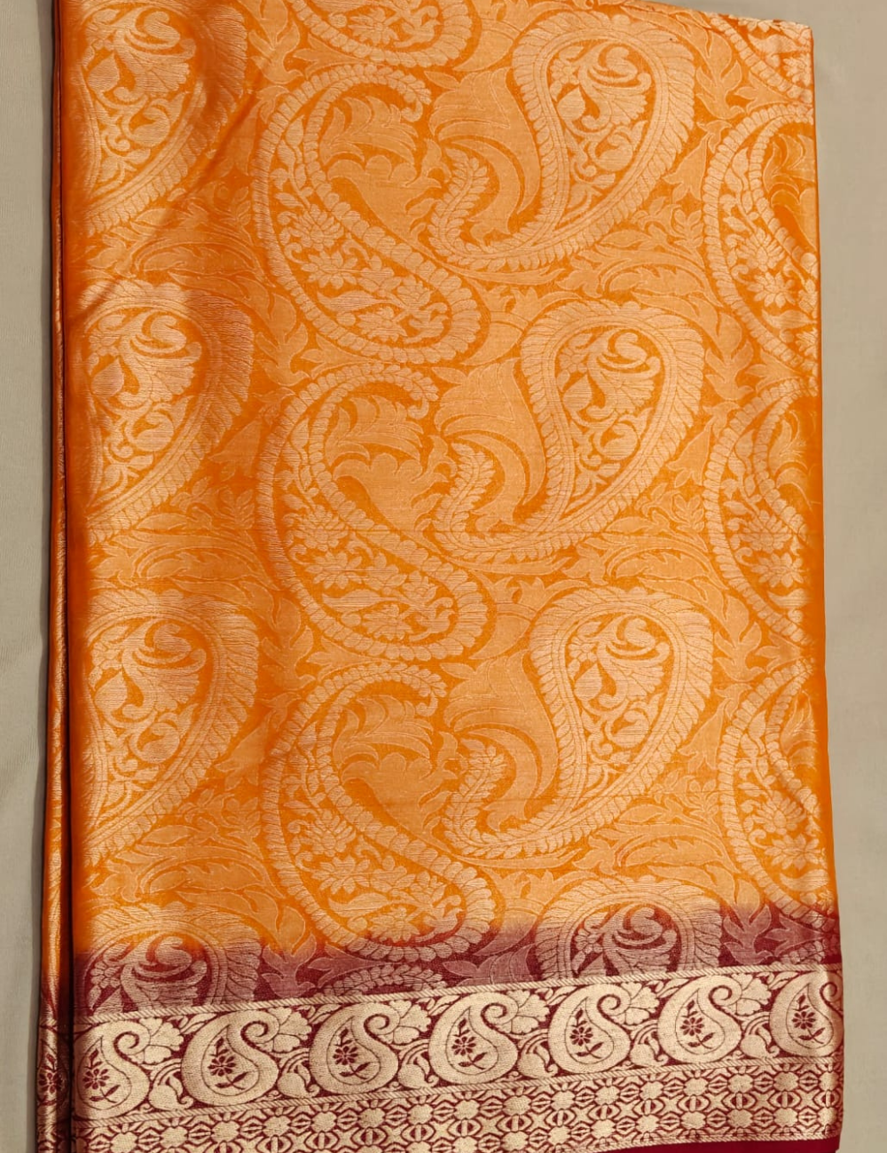 Vibrant Orange and Maroon Woven Paisley Brocade Sari