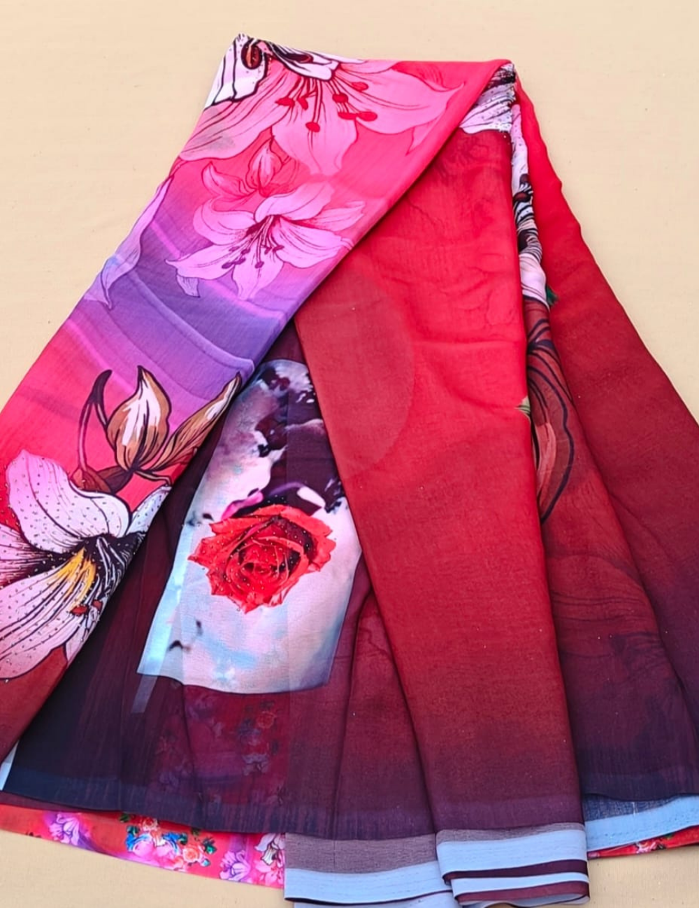 Red and Purple Saree with Large Floral Prints