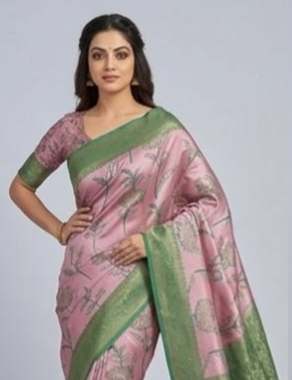 Elegant Pink and Green Floral Saree with Traditional Border