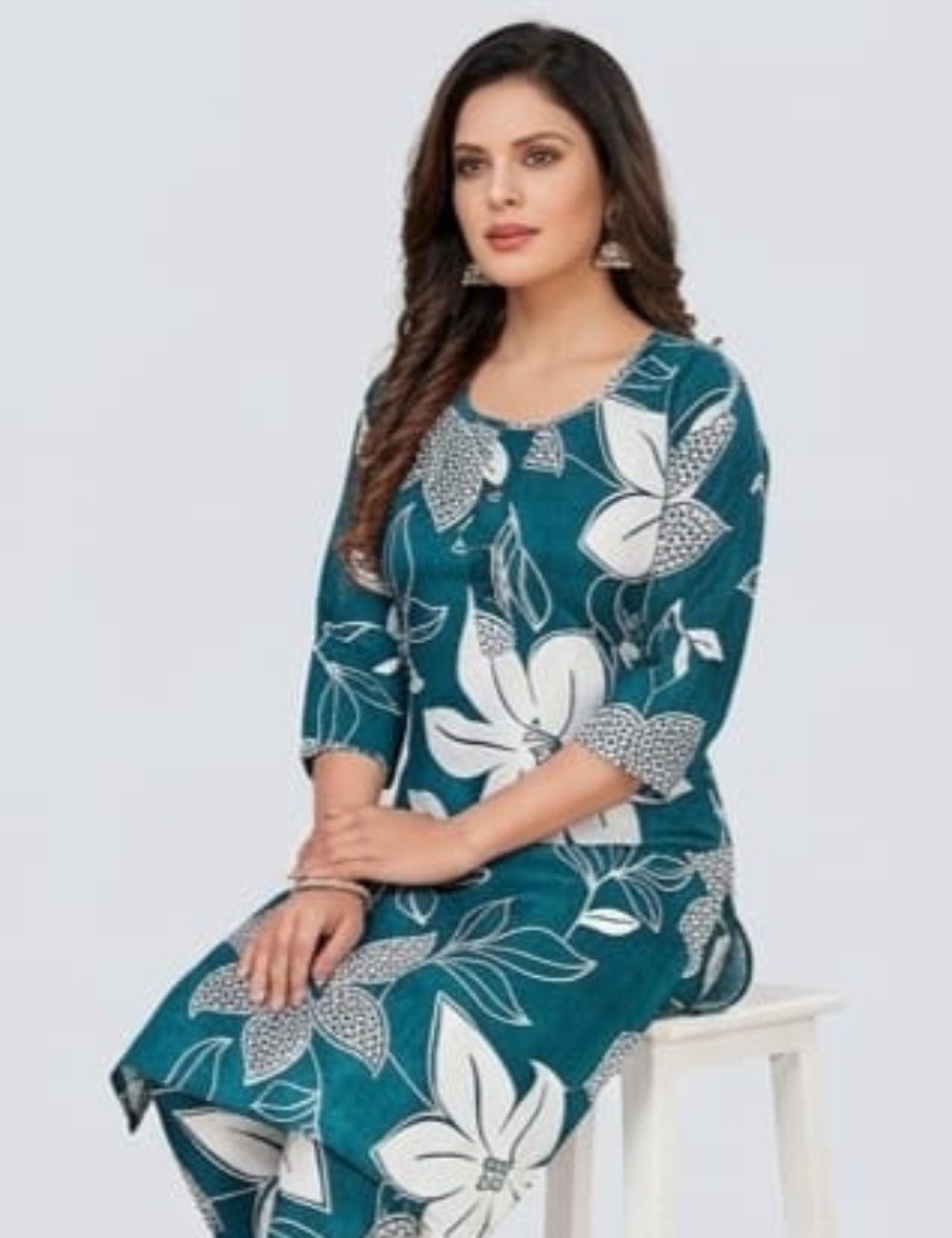 Elegant Teal Floral Printed Cotton Kurta Set