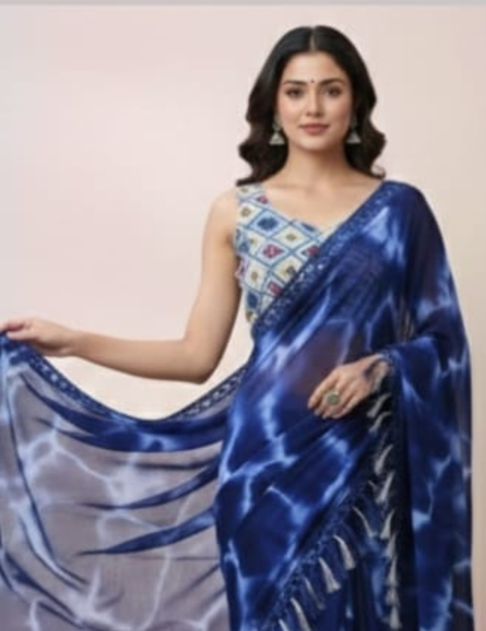 Trendy Tie-Dye Blue Saree with Designer Tassel Border