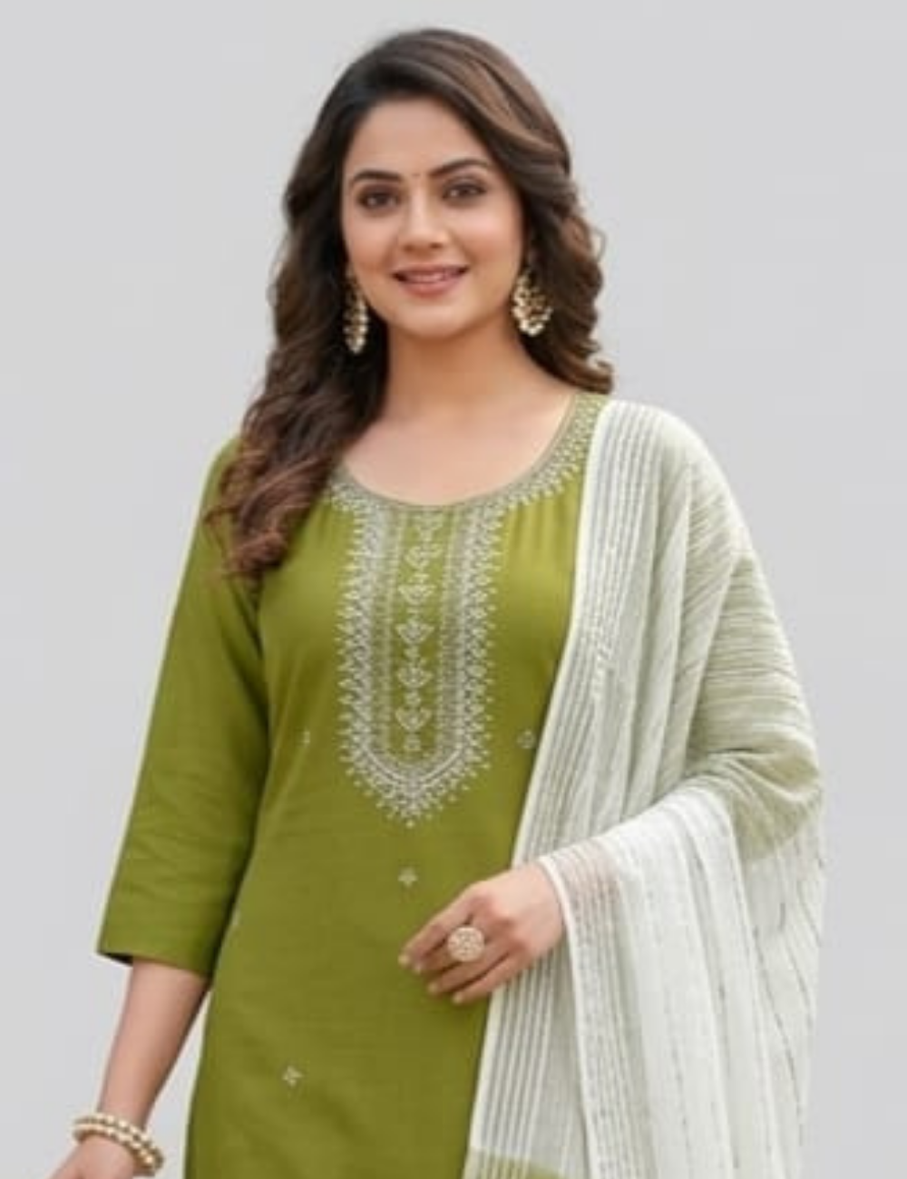 Elegant Olive Green Embroidered Kurta Set with Dupatta