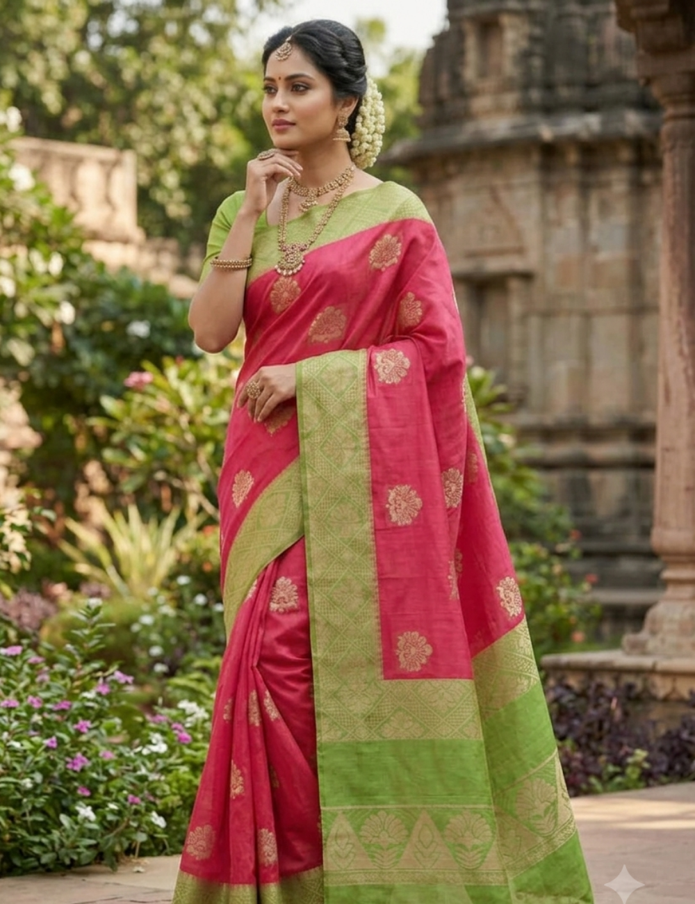 Green and Red Cotton Saree with leaf Border