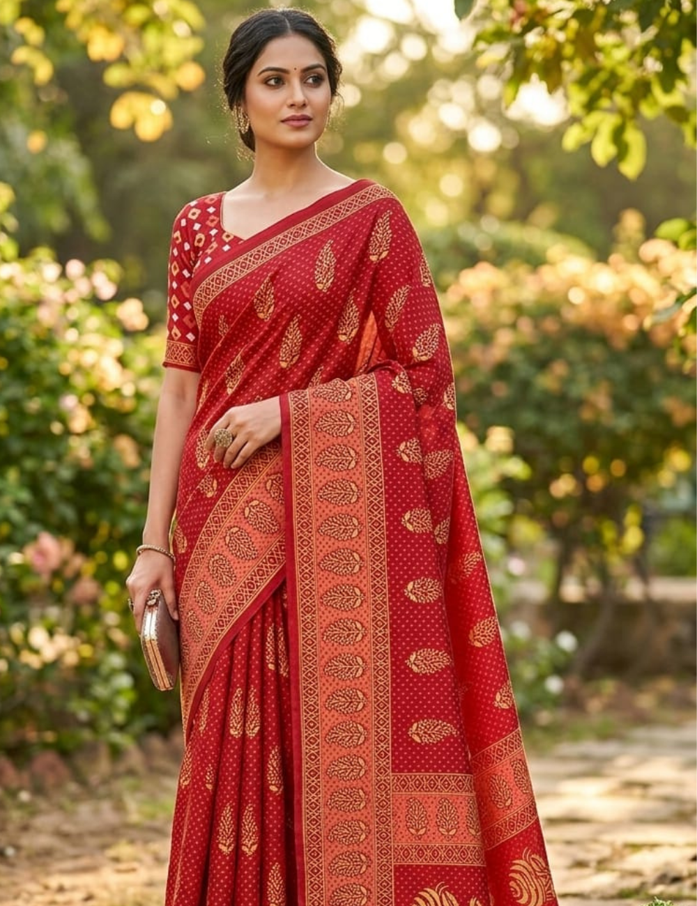 Elegant Crimson Red Block-Print Cotton Saree