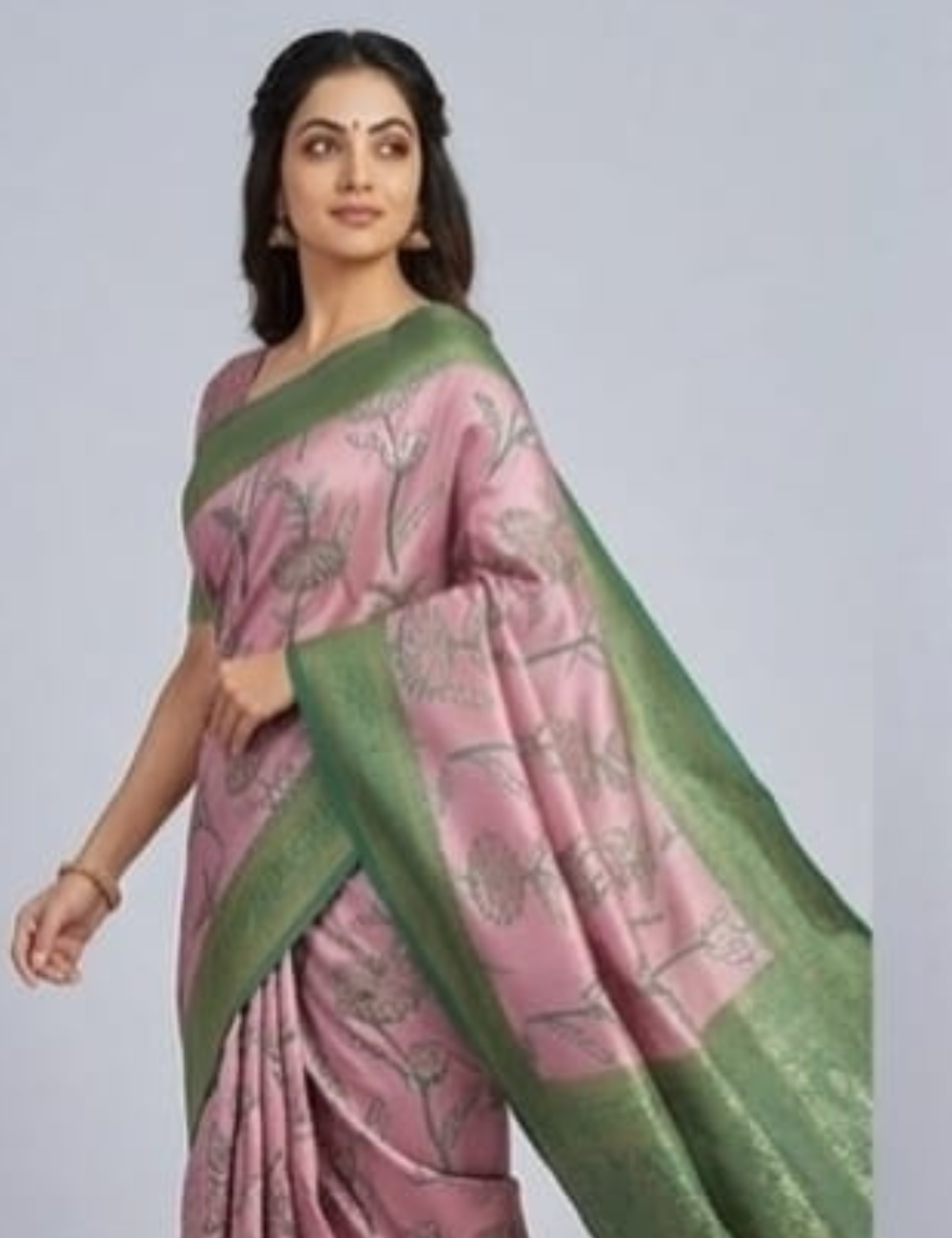 Elegant Pink and Green Floral Saree with Traditional Border