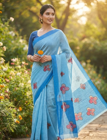 Sky Blue Linen Cotton Sari with Floral Motif