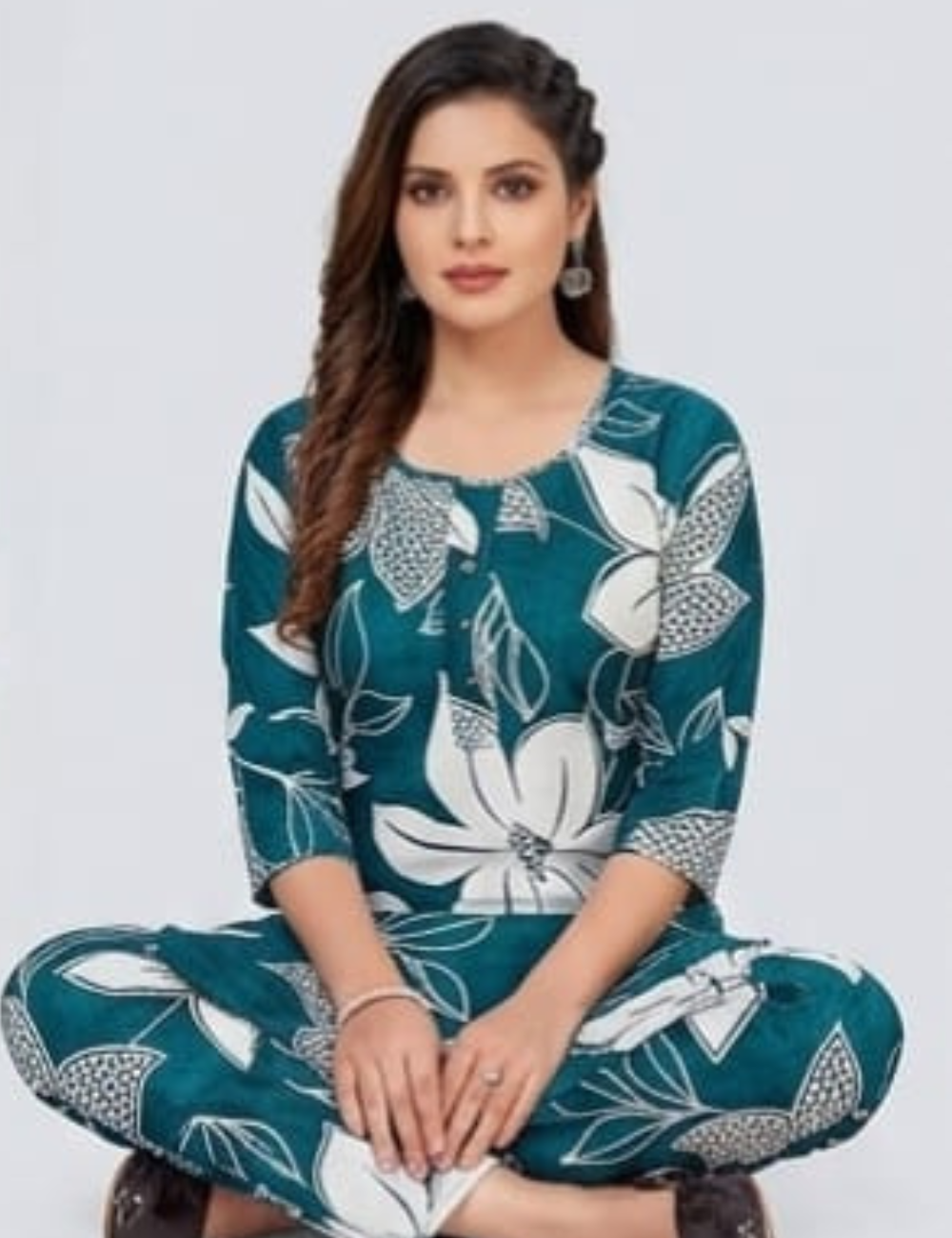 Elegant Teal Floral Printed Cotton Kurta Set