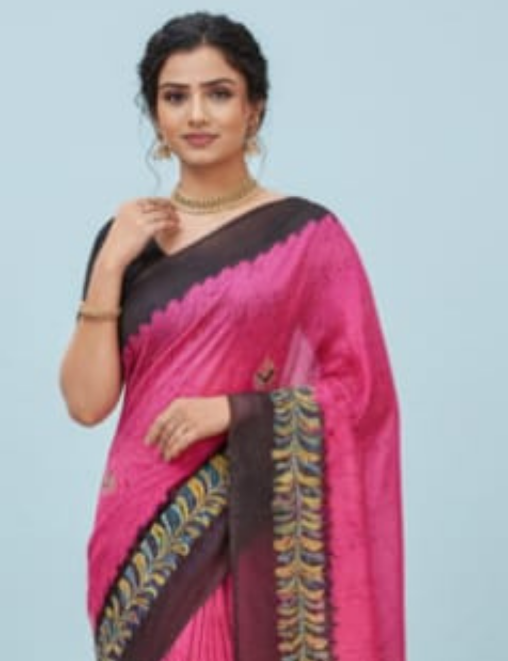 Pink & Charcoal Hand-Painted Dola Silk Saree