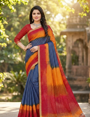Royal Blue Shaded Checkered Silk Saree