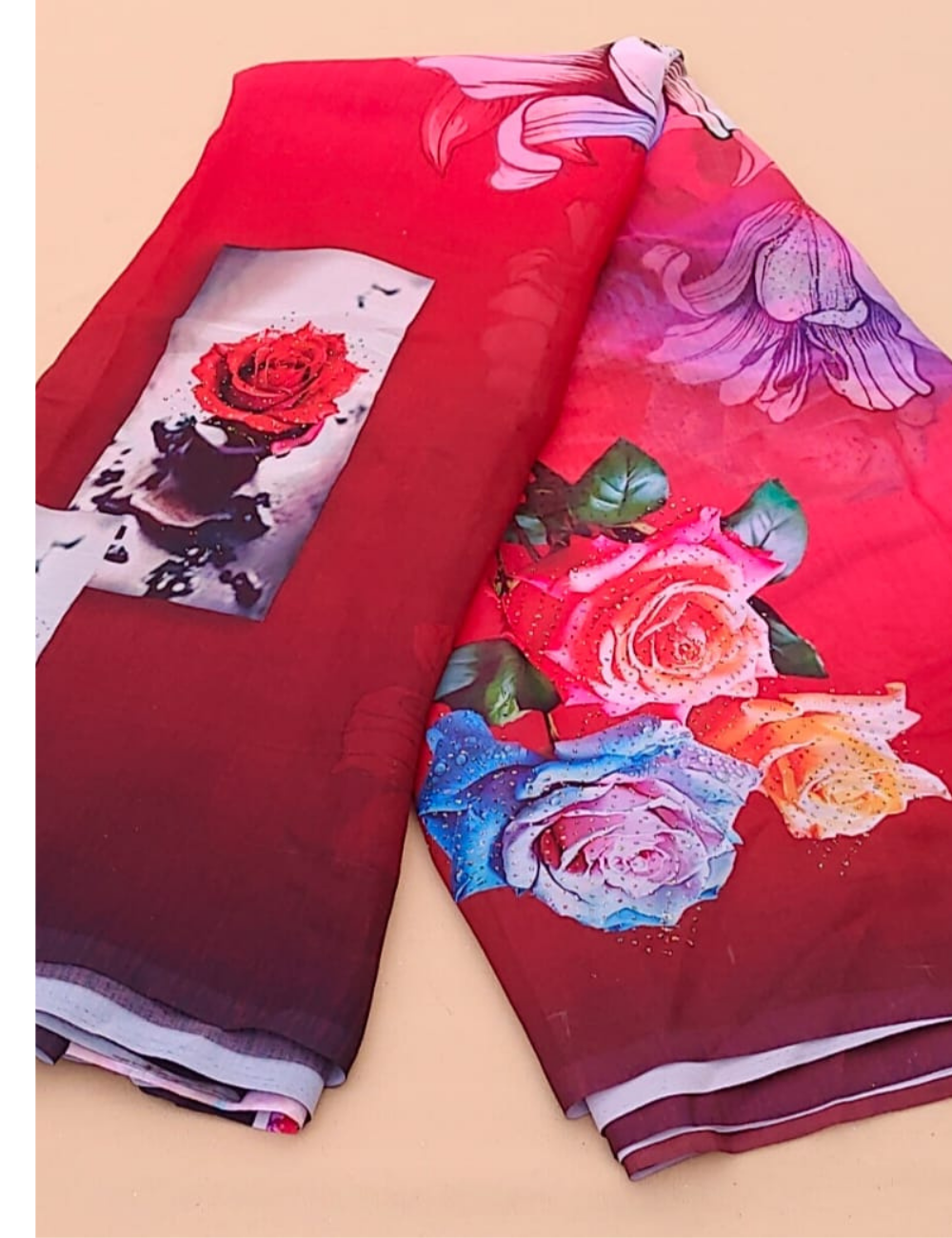 Red and Purple Saree with Large Floral Prints