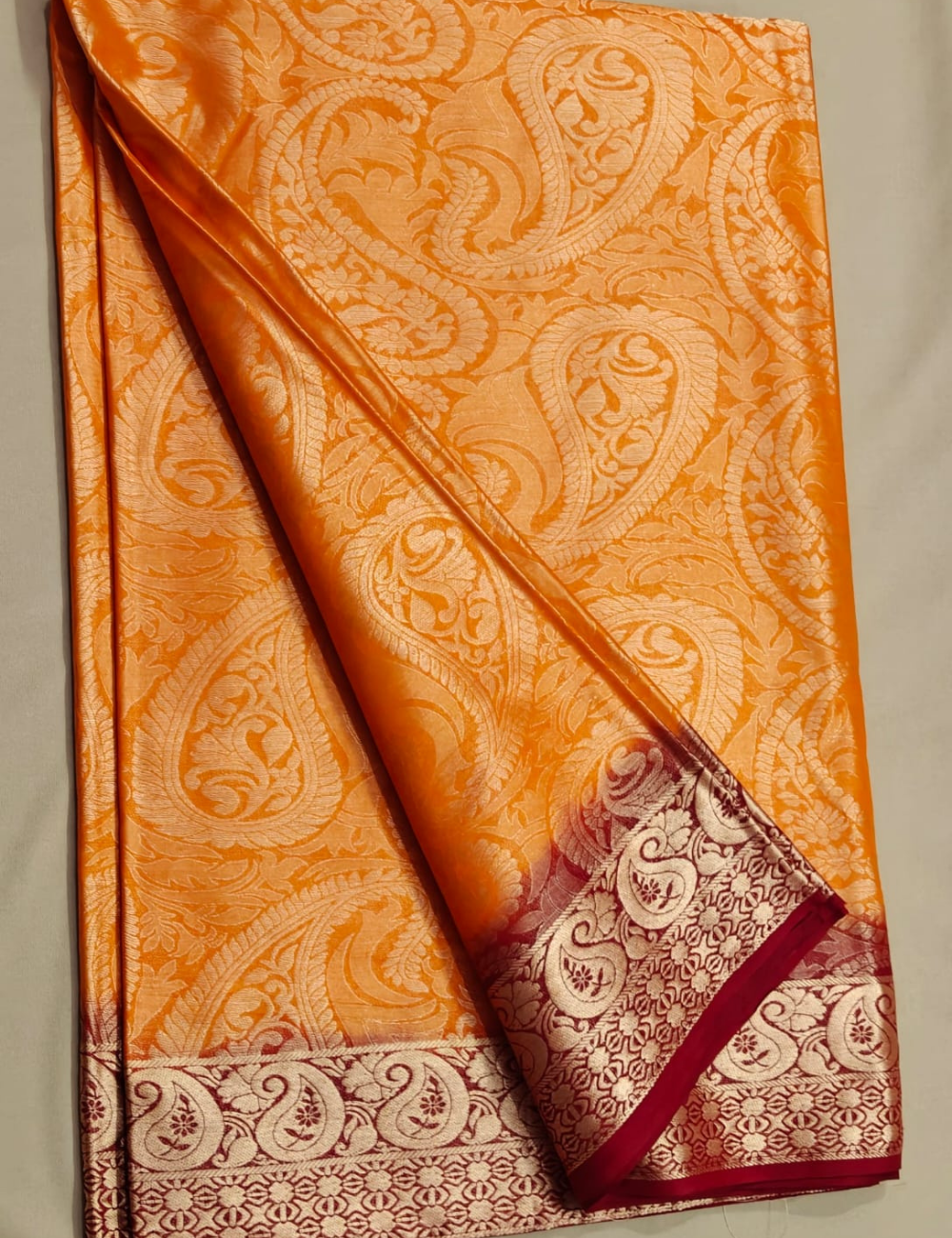 Vibrant Orange and Maroon Woven Paisley Brocade Sari