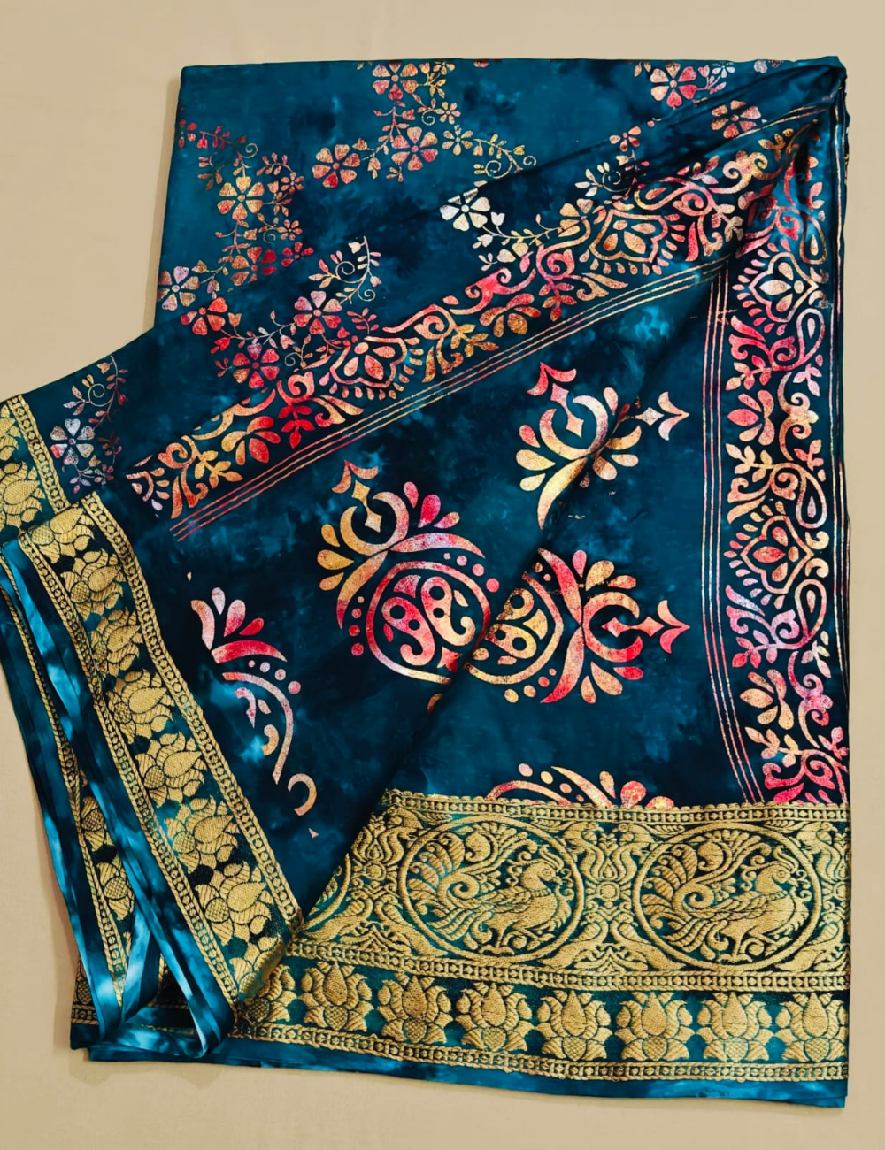 Royal Teal Printed Zari Border Saree