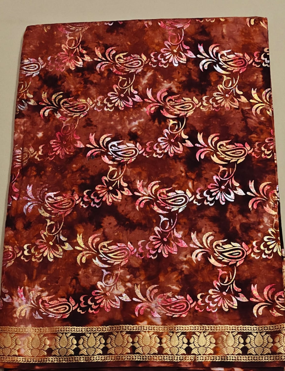 Exquisite Rust & Gold Foil-Printed Soft Cotton Sari