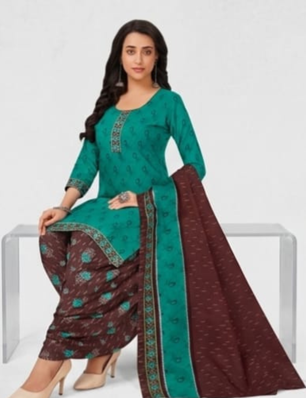 Elegant Teal & Coffee Brown Patiala Kurta Set with Dupatta
