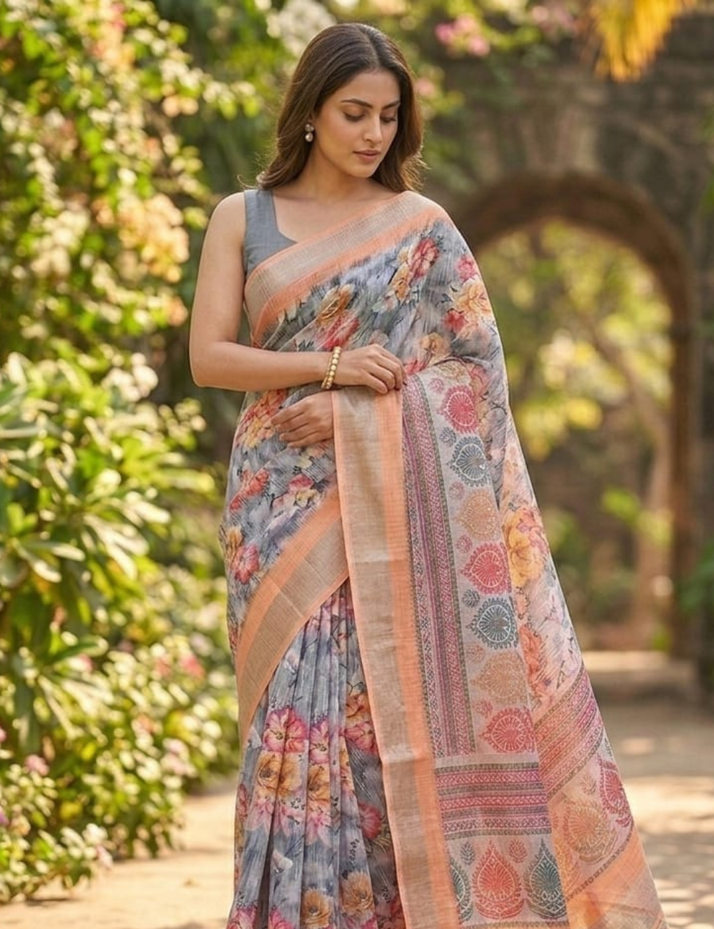 Elegant Floral and Paisley Printed Fancy Cotton Saree