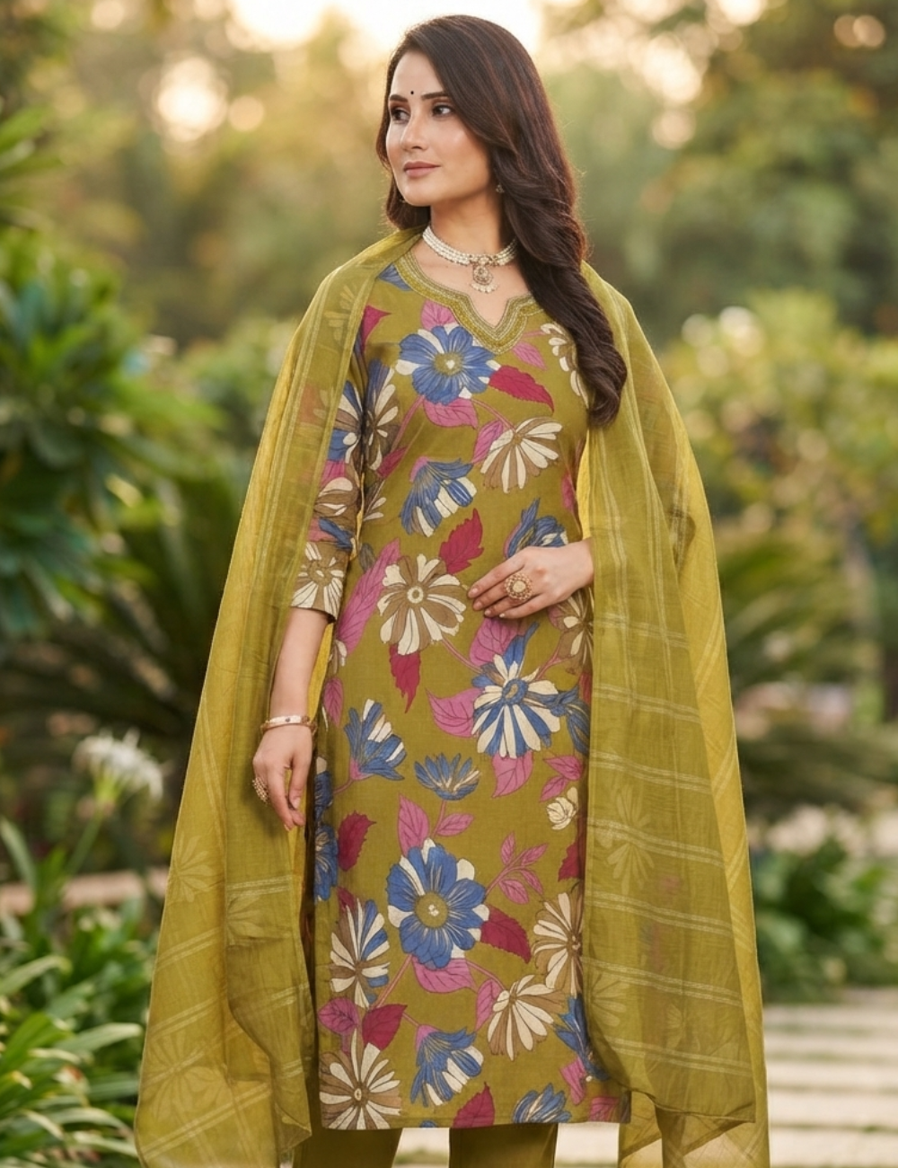 Olive Green Floral Printed Kurta Set with Elegant Dupatta