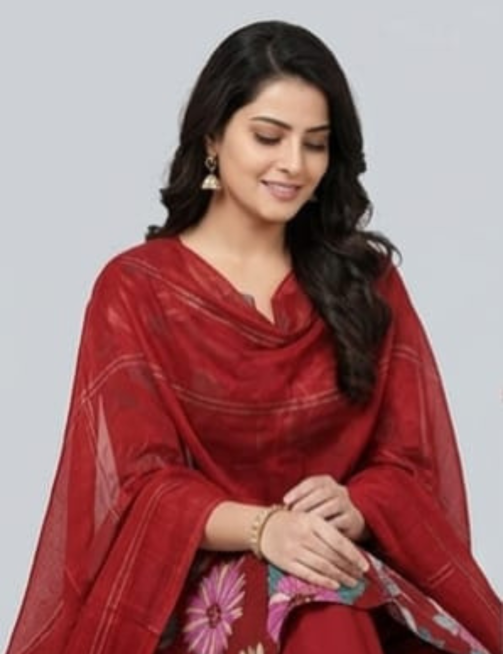 Maroon Floral Printed Kurta Set with Matching Dupatta