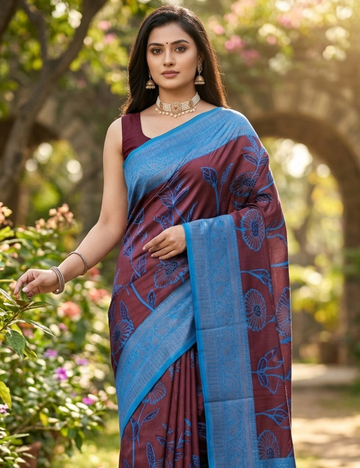 Maroon Saree with Blue Floral Design and Border