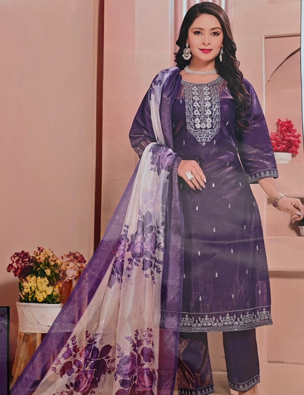 Royal Purple Color Embroidered Chanderi Silk Kurta Set with Dupatta