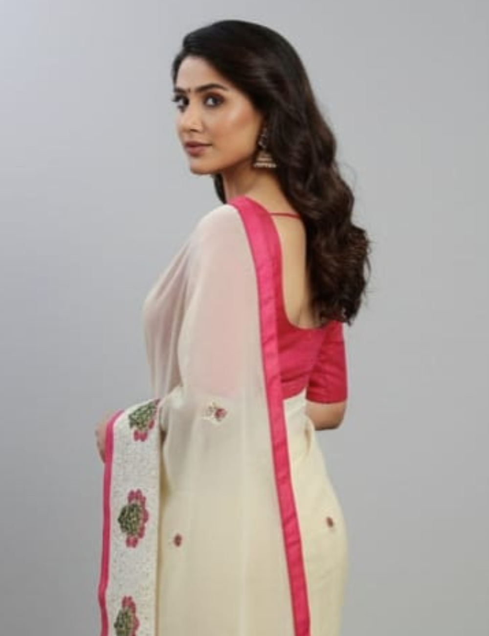 Elegant Cream Saree with Pink Floral Embroidery