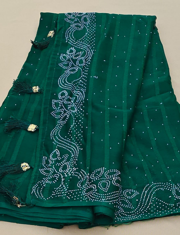 Stylish Emerald Green Saree with White Stone Work Border