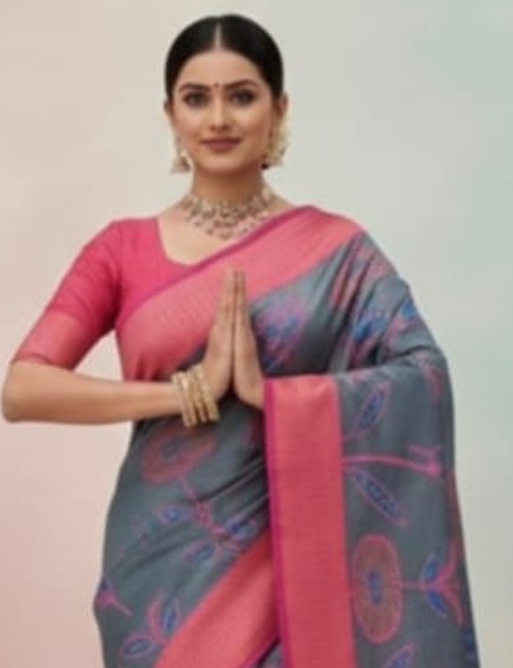 Elegant Grey Saree with Pink Floral Design and Border