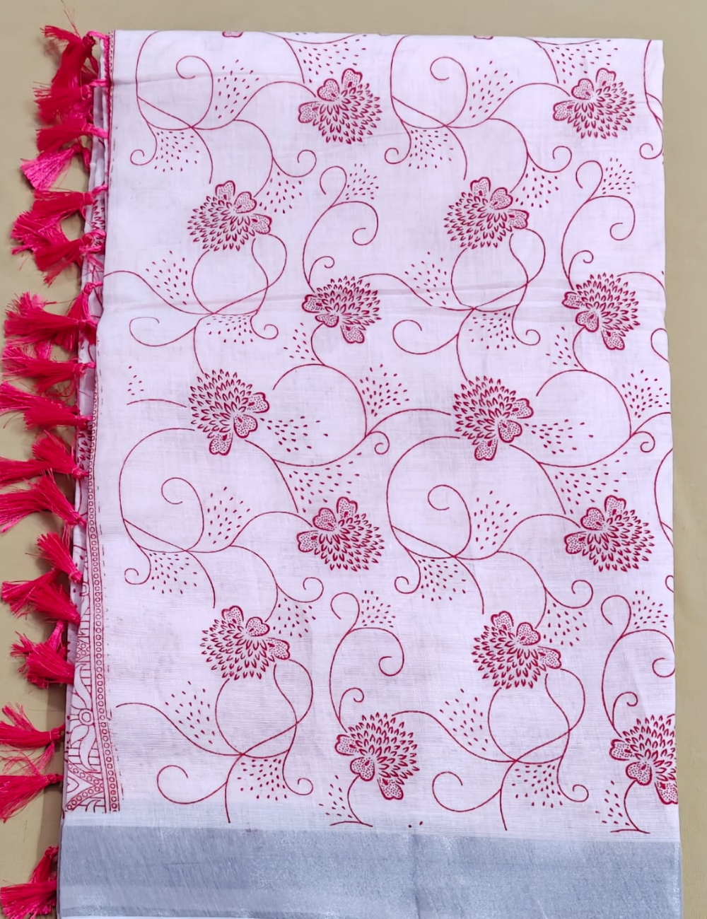 Pink Floral Printed Cotton Saree with Silver Border
