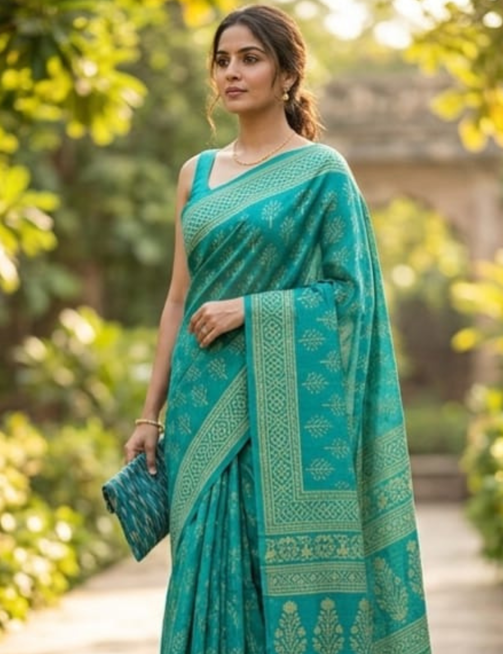 Azure Blue Hand Block Print Cotton Saree