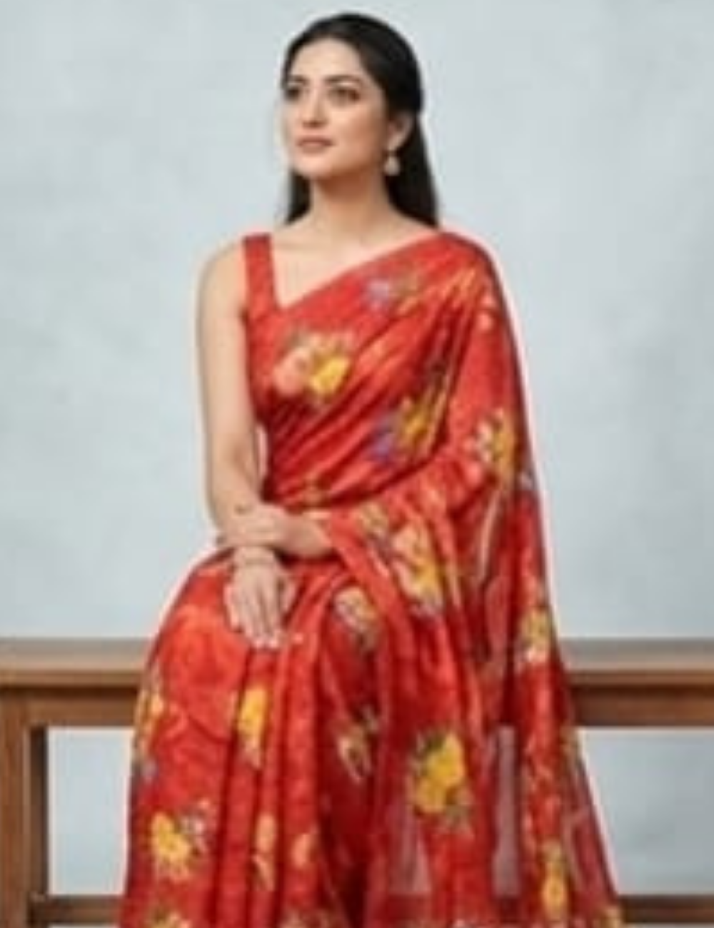 Deep Red base with Vibrant Multicolor Floral Prints Saree