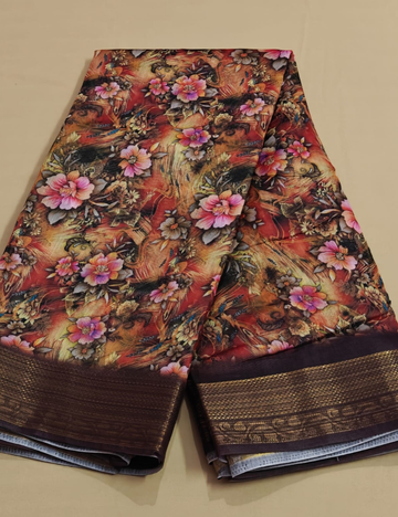 Royal Autumn Floral Digital Printed Saree with Blouse