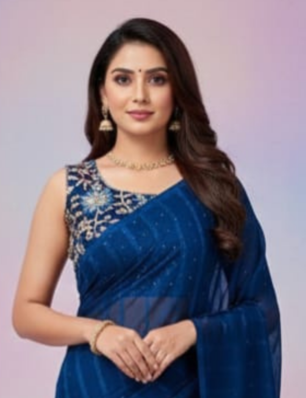 Elegant Navy Blue Saree with Embellished Floral Border
