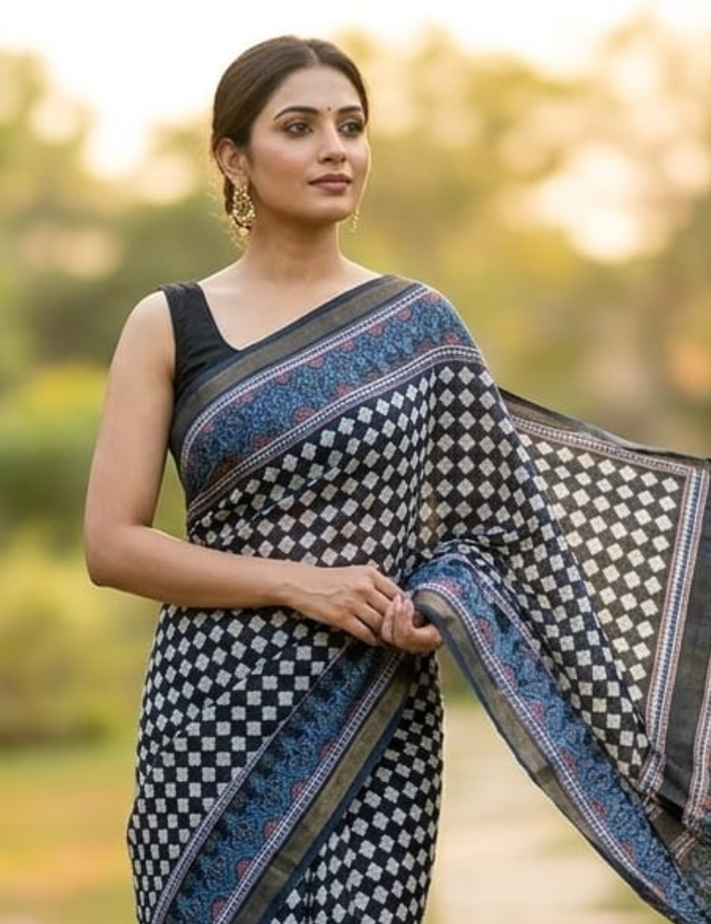 Black and White Geometric Motif Saree with Heritage Indigo Border with Blouse