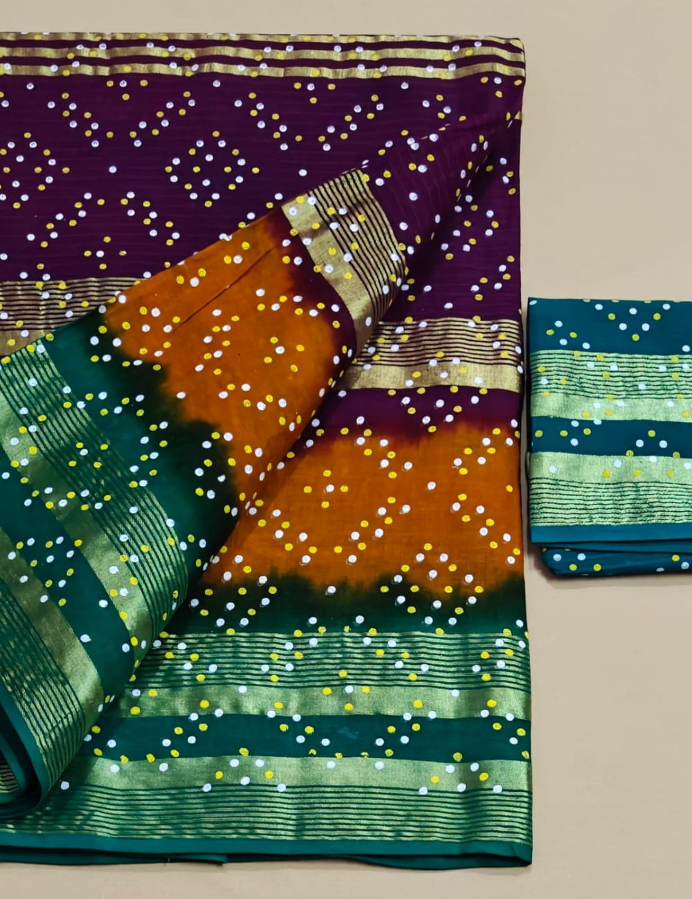 Elegant Multi-Colored Bandhani Print Sari with Zari Stripes