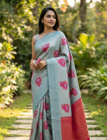 Silver Grey Floral Soft Silk Saree with Pink Border