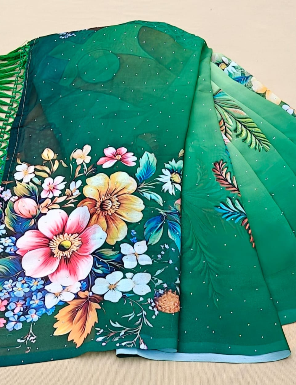 Green Floral Printed Saree with Embellished border