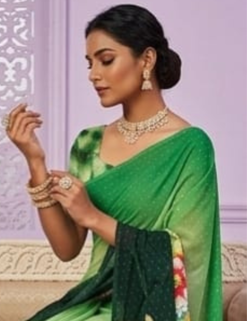 Green Floral Printed Saree with Embellished border