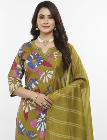 Olive Green Floral Printed Kurta Set with Elegant Dupatta
