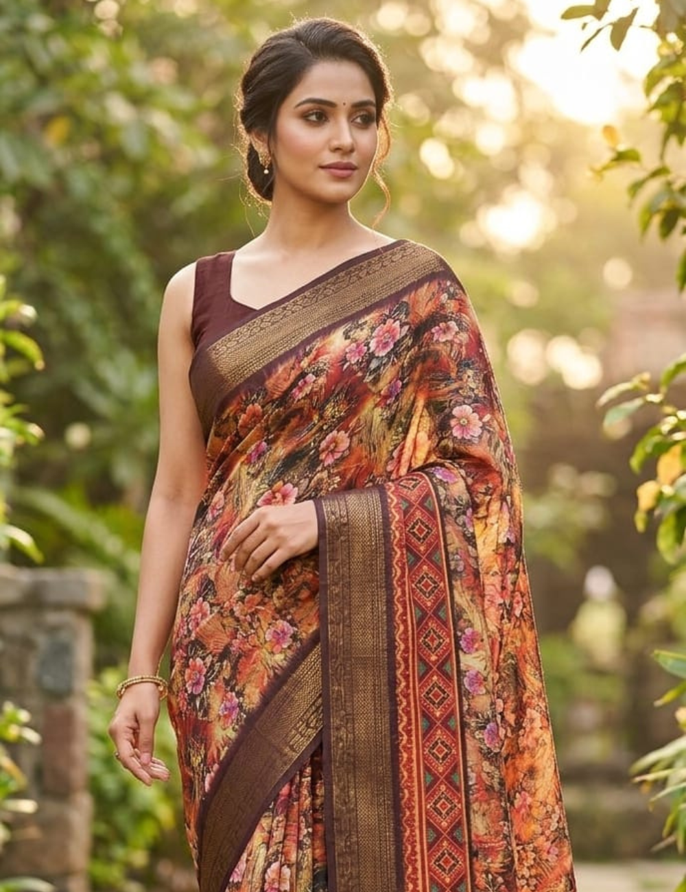 Royal Autumn Floral Digital Printed Saree with Blouse