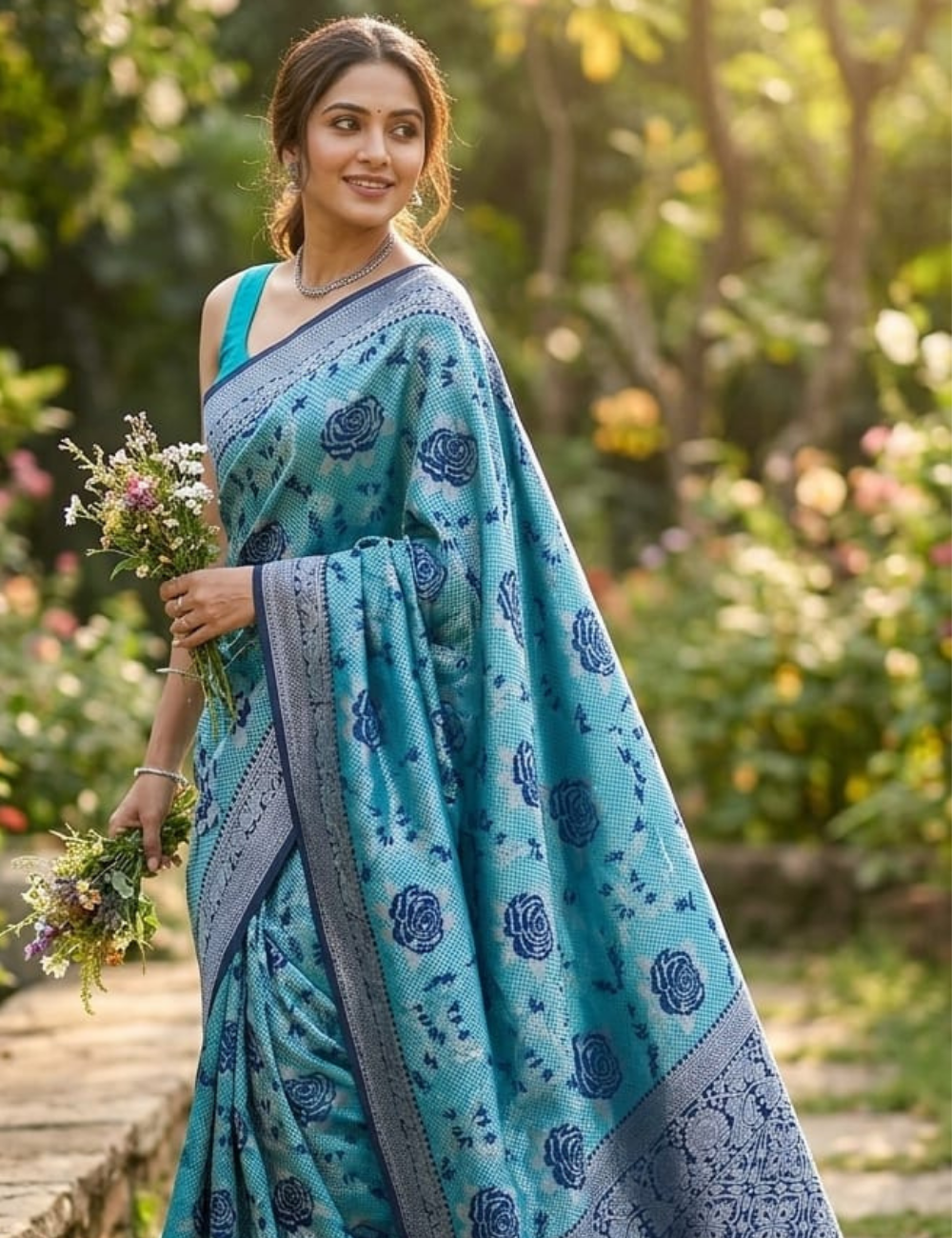 Ocean Turquoise & Navy Blue Art Silk Saree with Silver Brocade & Rose Motifs