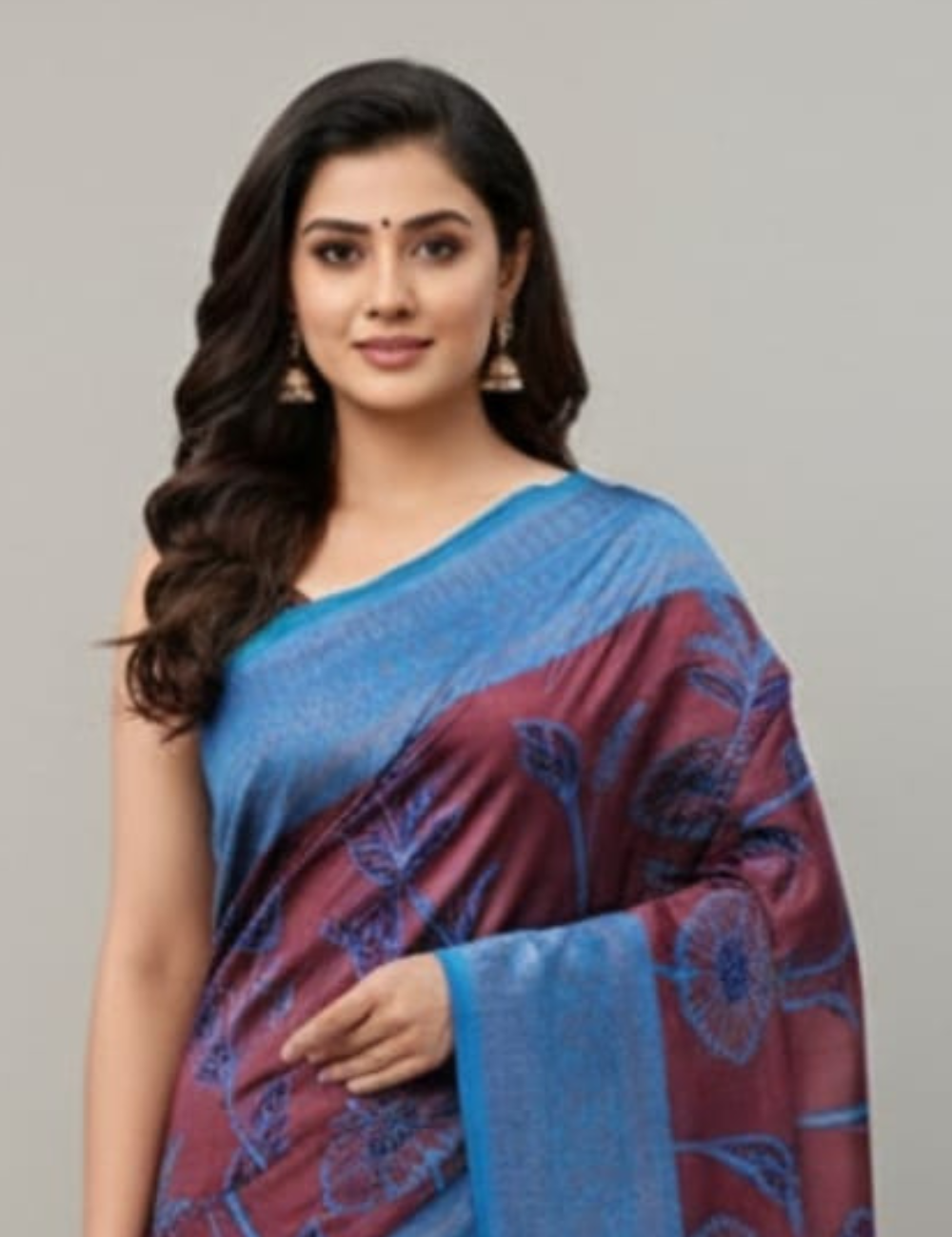 Maroon Saree with Blue Floral Design and Border