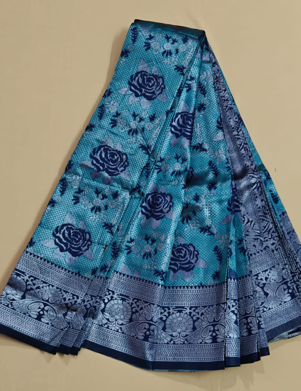 Ocean Turquoise & Navy Blue Art Silk Saree with Silver Brocade & Rose Motifs