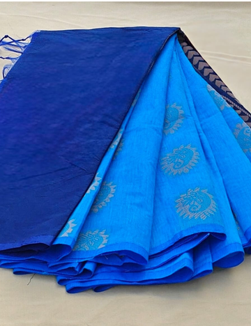 Royal Blue Cotton Silk Saree with Elegant Motifs & Contrast Border