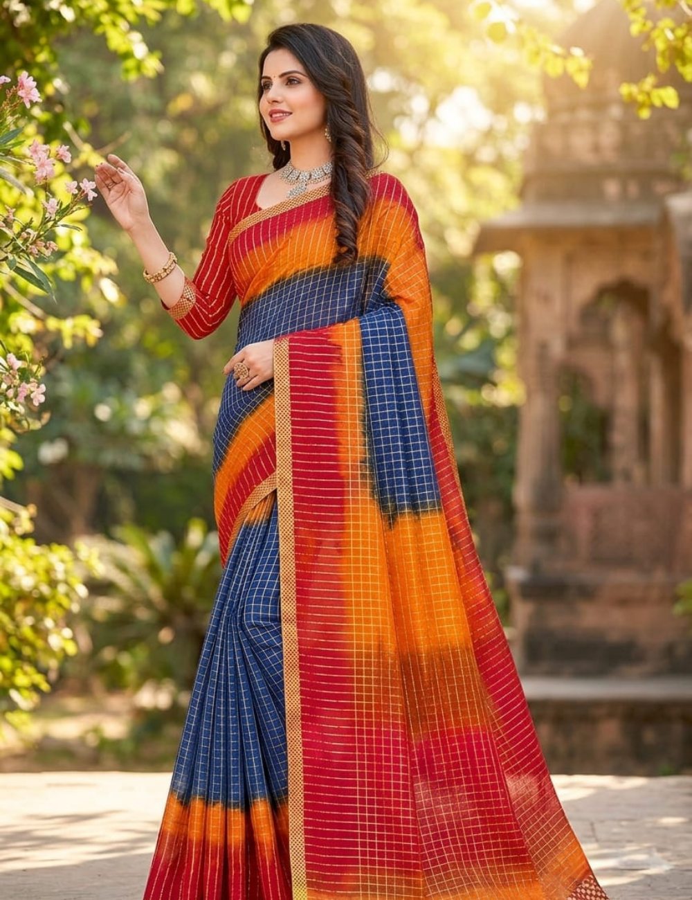 Royal Blue Shaded Checkered Silk Saree