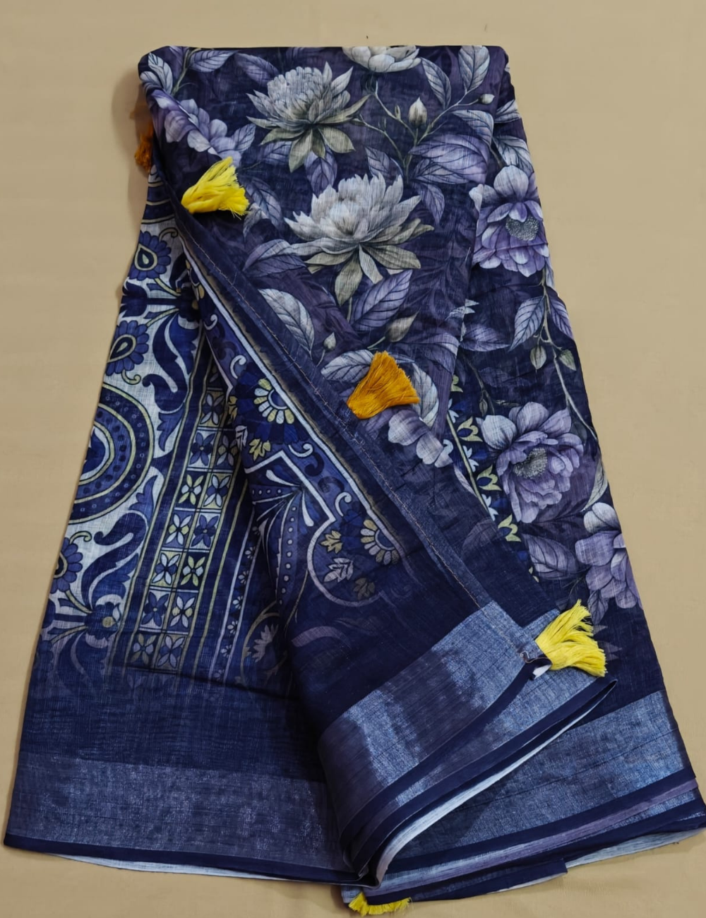 Indigo and Violet Floral Fancy Cotton Saree with Silver Zari Border