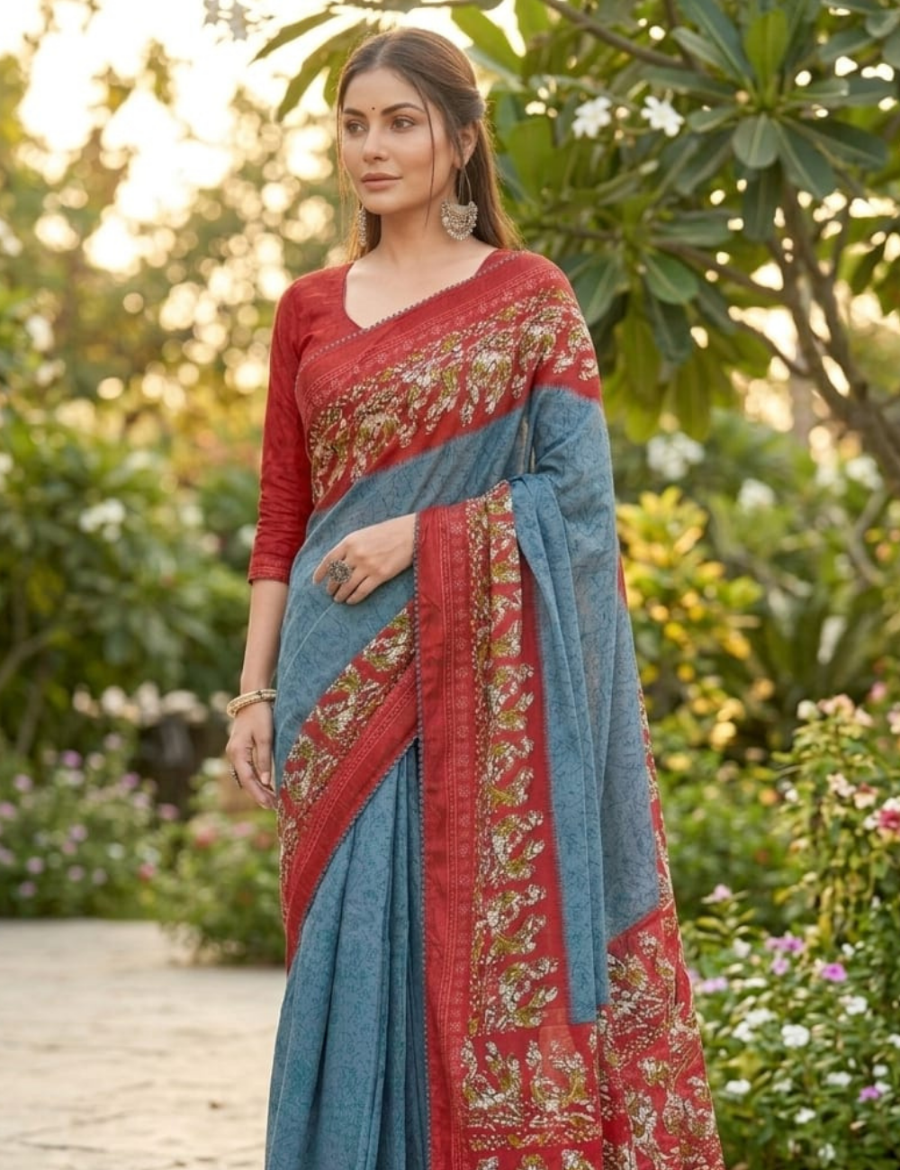 Sky Blue Floral Border Cotton Saree