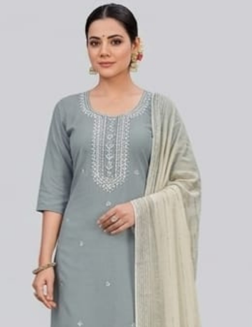 Slate Grey Embroidered Straight-Fit Kurta Set with Ombre Dupatta