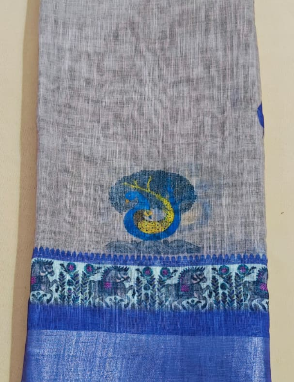 Linen Cotton Saree with Elegant Prints and Metallic Accents