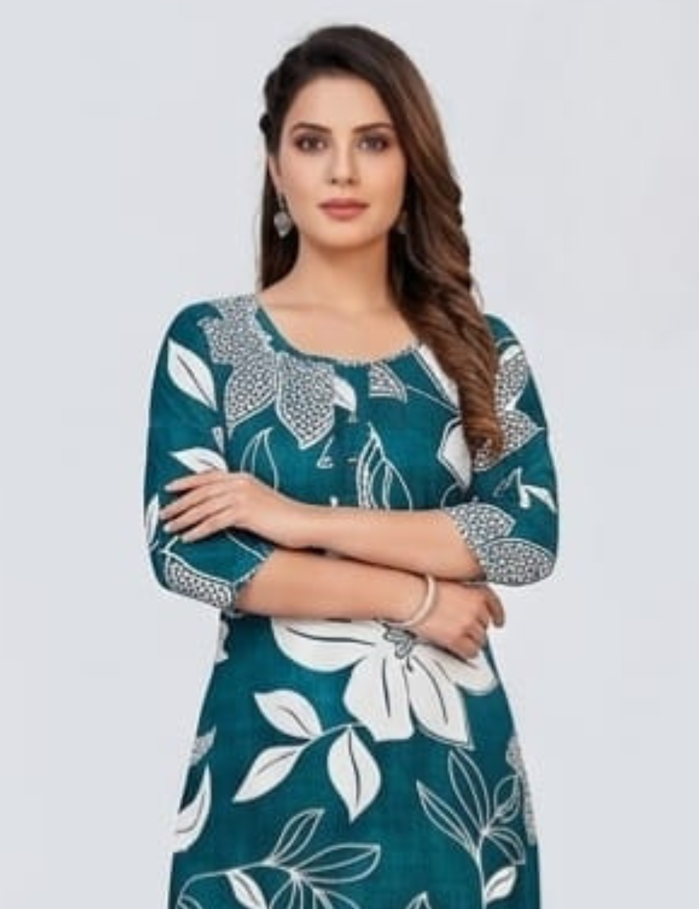 Elegant Teal Floral Printed Cotton Kurta Set