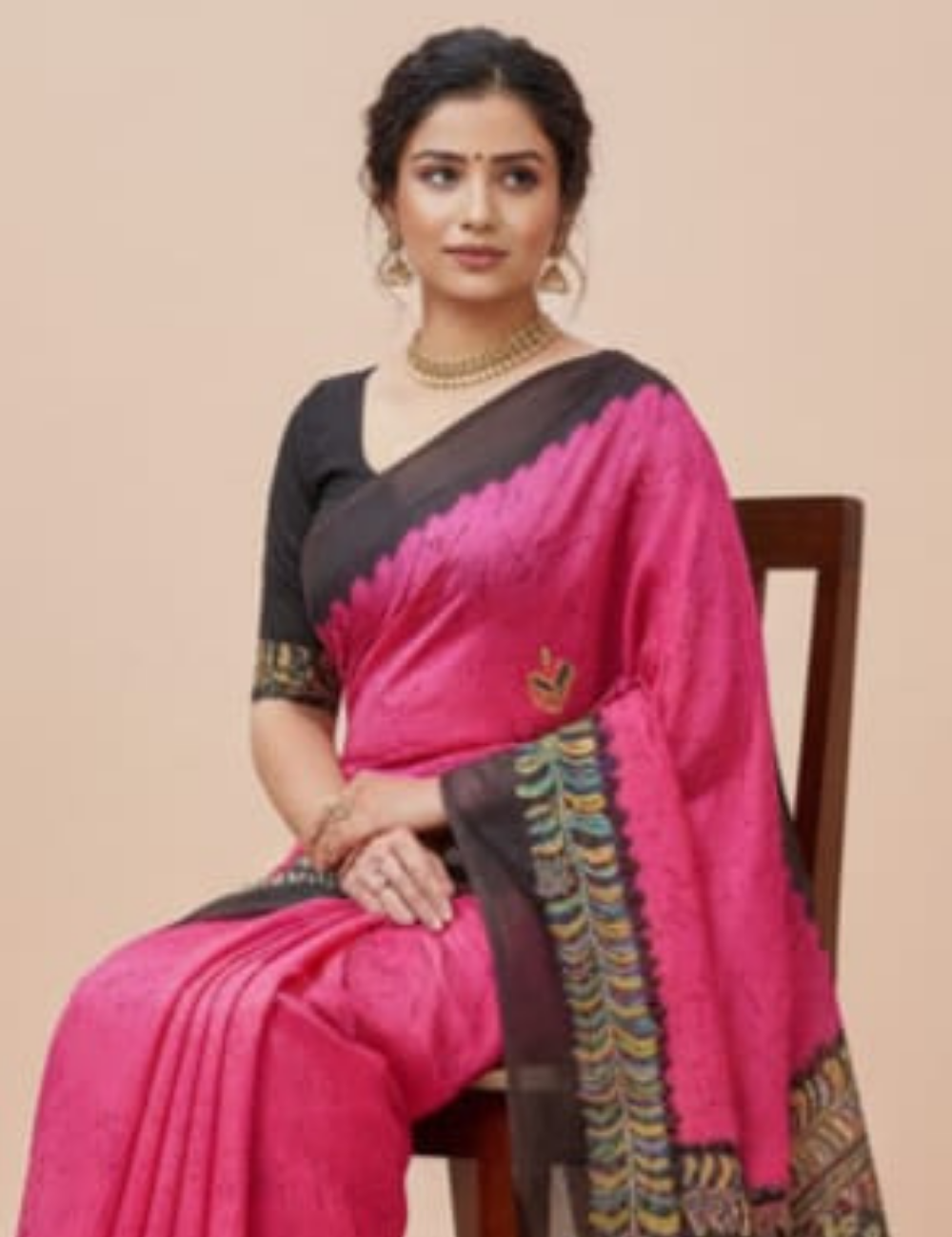 Pink & Charcoal Hand-Painted Dola Silk Saree
