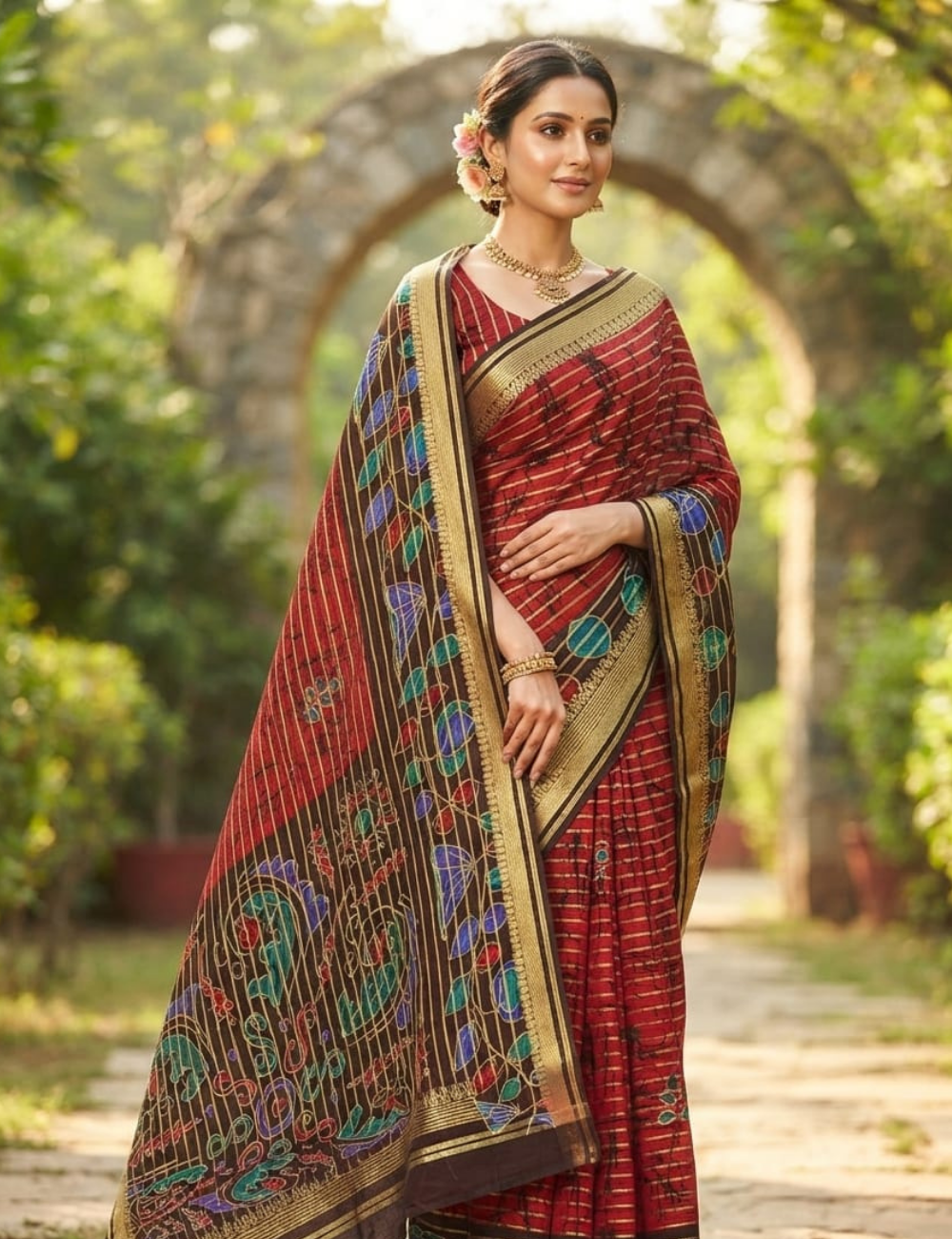 Red and Dark Brown Abstract Leaf Print Soft Silk Sari
